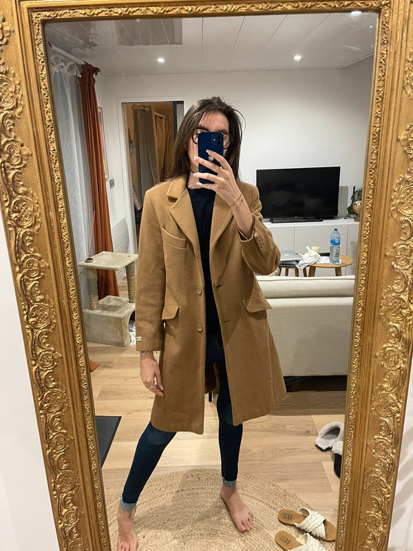 Manteau mi long oversize coupe blazer cachemire et laine camel marron 4