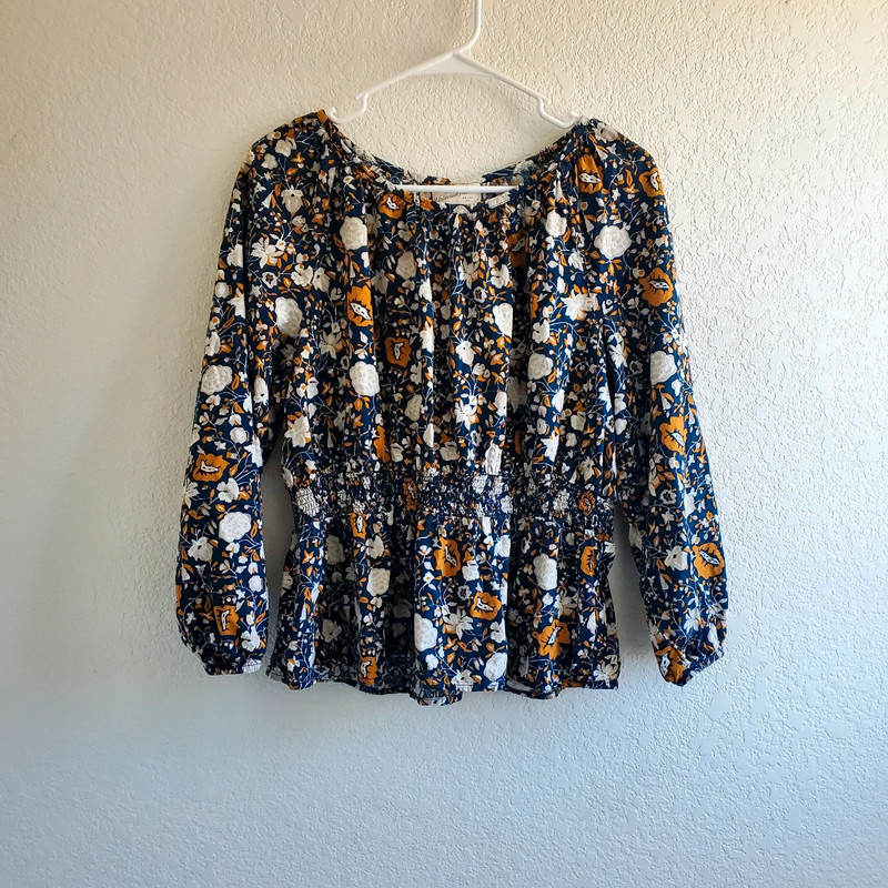 Universal Thread Women Blue Gold Floral Peplum Blouse Top Large 1