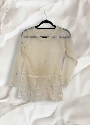 Sheer Y2k long sleeve top - sequin embroidery, merk: Vintage Dressing, staat: Heel goed, maat: XS / 34 / 6, € 7,00, € 8,05 inclusief Kopersbescherming