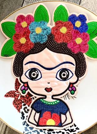 Grand écusson patch thermocollant Frida Kahlo à sequins pour customiser vêtements, état: Très bon état, 6,00 €, 7,00 € Protection acheteurs (Pro) incluse