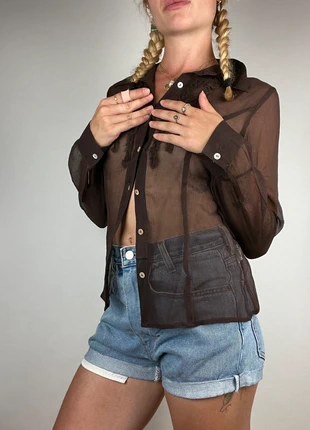 chemise mesh y2k transparent marron a volant vintage 90s, brand: Etam, condition: Very good, size: S / 36 / 8, €15.00, €16.45 includes Buyer Protection