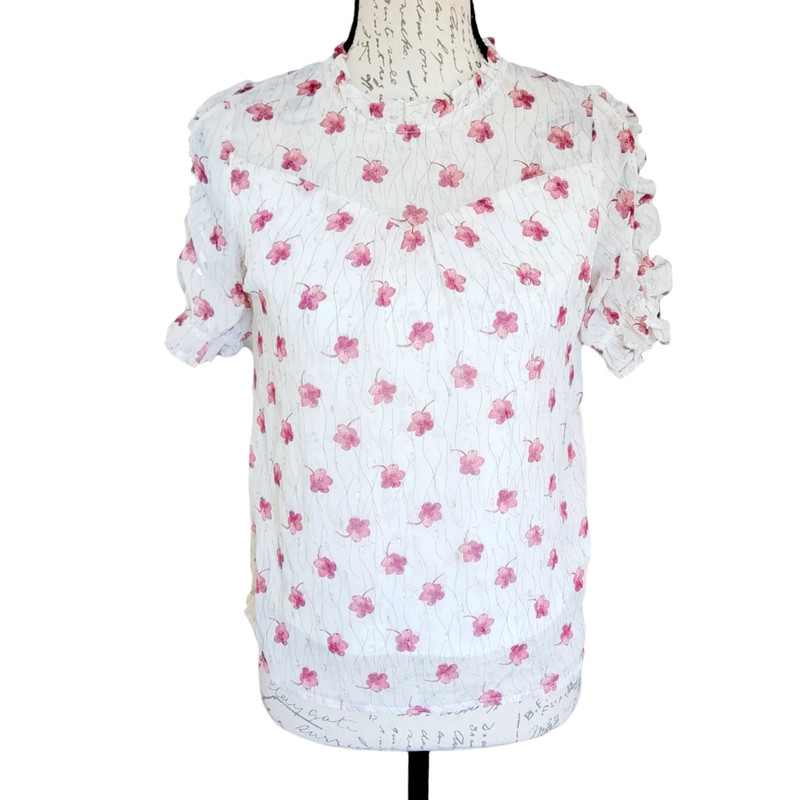 Monteau Los Angeles Small White Gold Red Floral Ruffle Blouse Top 1