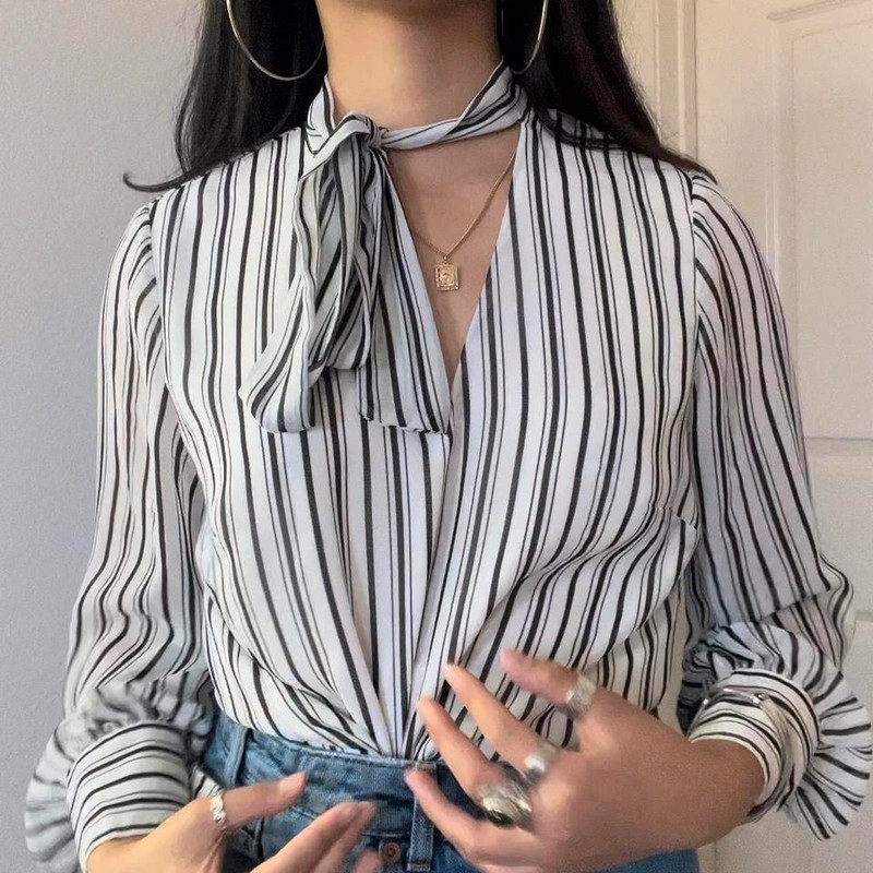 White House Black Market Striped Tie Blouse 3