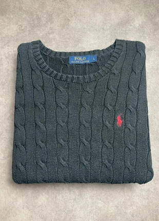 Sweat Pull torsadée col rond en maille | Ralph Lauren | L noir| logo rouge coton |#RL305, brand: Ralph Lauren, condition: Very good, size: L, €55.99, €59.49 includes Buyer Protection