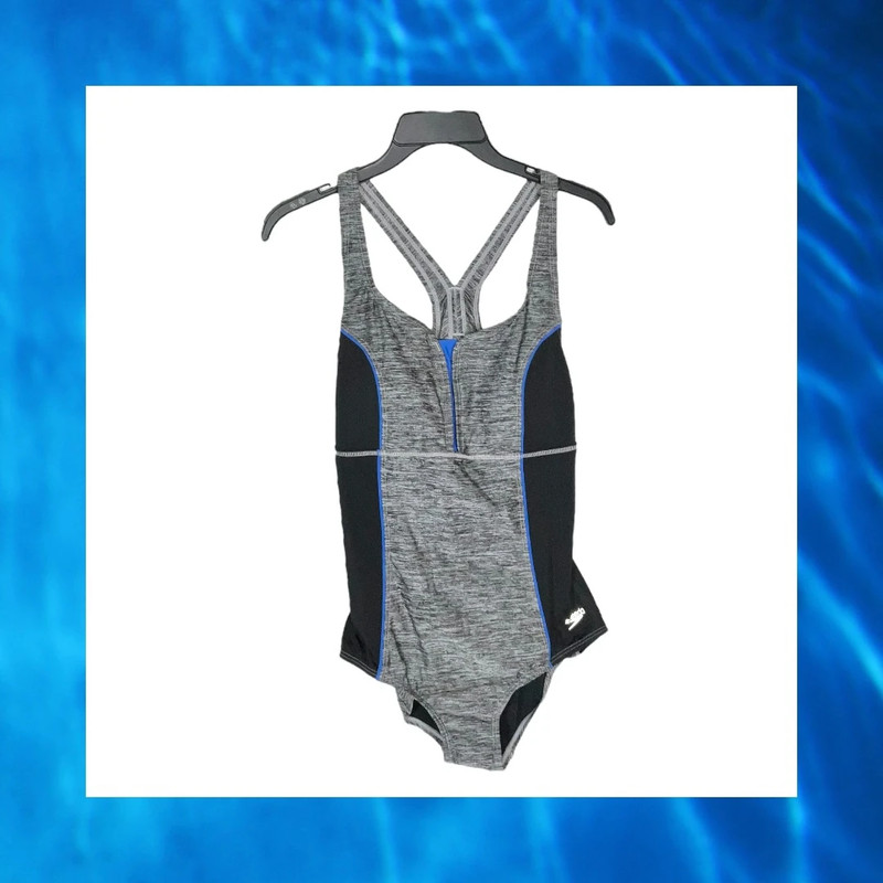 Speedo New w Tags Black & Gray w Blue 1-Piece Swimsuit Removable Cups Modest Cut Women Sz 10 1