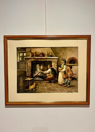 Tableau scène de vie rurale/foyer aquarelle signée encadré 44x54 cm, brand: CM, condition: New without tags, €25.00, €26.95 includes Buyer Protection