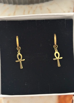 Coppia orecchini acciaio oro pendenti Ankh croce della vita egiziana, brand: S&M, condizioni: Nuovo senza cartellino, €4.00, €4.90 include la Protezione acquisti