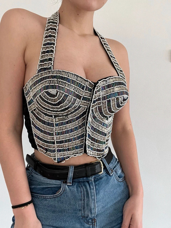 Real vintage sexy black crop top with beads   4