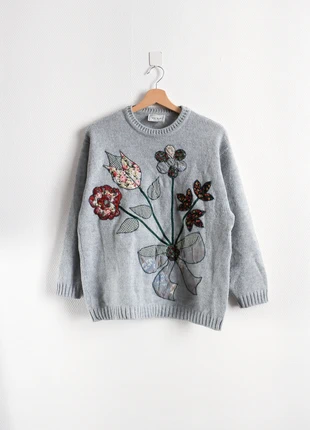 Pull vintage à broderies patchwork | Vintage patchwork embroidery jumper, marque: Vintage, état: Très bon état, taille: M / 38 / 10, 22,00 €, 23,80 € Protection acheteurs (Pro) incluse