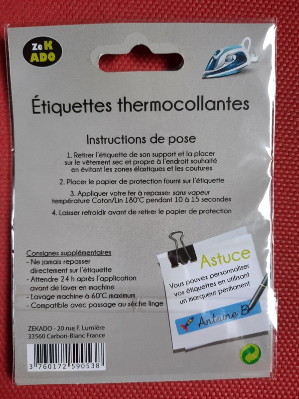 Etiquettes thermocollantes pour vêtements 10 secondes