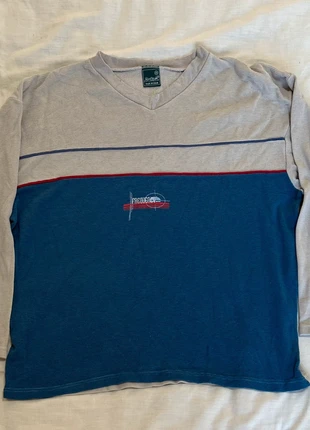 Vintage Y2K V-Neck T-Shirt Color Block Beige Blue Frequency 48 L, merk: Vintage Dressing, staat: Goed, maat: L, € 9,99, € 11,19 inclusief Kopersbescherming