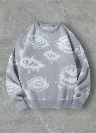 Knit pull-over gris - design yeux - y2k vintage, crazy sweat, brand: Vintage Dressing, condizioni: Ottime, taglia: XL, €61.00, €64.75 include la Protezione acquisti Pro
