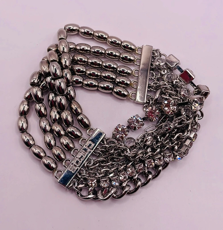 Chico’s Silver Tone Chain Rhinestone Large Cuff Bangle Statement Bracelet 2