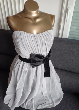 Robe bustier drapée grise 38 M– Nœud satin noir – Effet princesse noël soirée, marque: Eva & Lola, état: Neuf avec étiquette, taille: M / 38 / 10, 18,00 €, 19,60 € Protection acheteurs incluse