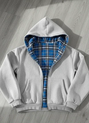 Sweat zippé réversible capuche Plaid Écossais Gris Bleu, marque: gilet double, état: Très bon état, taille: M, 58,99 €, 62,64 € Protection acheteurs incluse