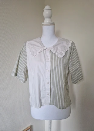 Monki half striped peter pan blouse | cotton 90s vibes retro cottagecore fairycore, merk: Monki, staat: Heel goed, maat: M / 38 / 10, € 15,00, € 16,45 inclusief Kopersbescherming Pro