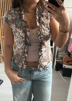 Vintage Y2K snatched bruine blouse met Ruffels en pastel bloemen van promiss, merk: Vintage Dressing, staat: Heel goed, maat: S / 36 / 8, € 16,99, € 18,54 inclusief Kopersbescherming
