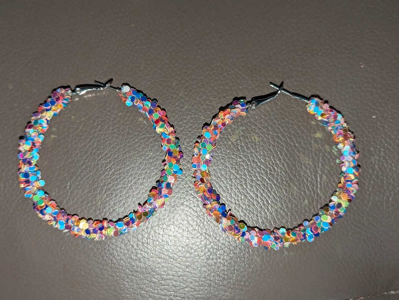 Large Confetti 2.5" Pierced Ears Hoop Glitter Sparkle Earrings