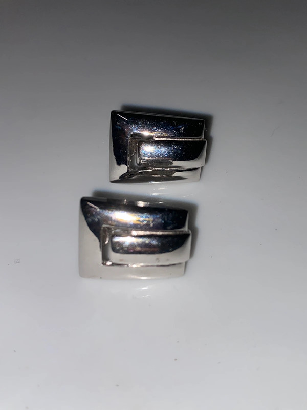 Vintage Monet silvertone metal clip on earrings rectangle raised geometric 1