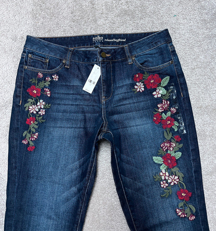 NY & Co Womens Embroidered Jeans size 10 Floral Relaxed Boyfriend Blue Soho NWT 1