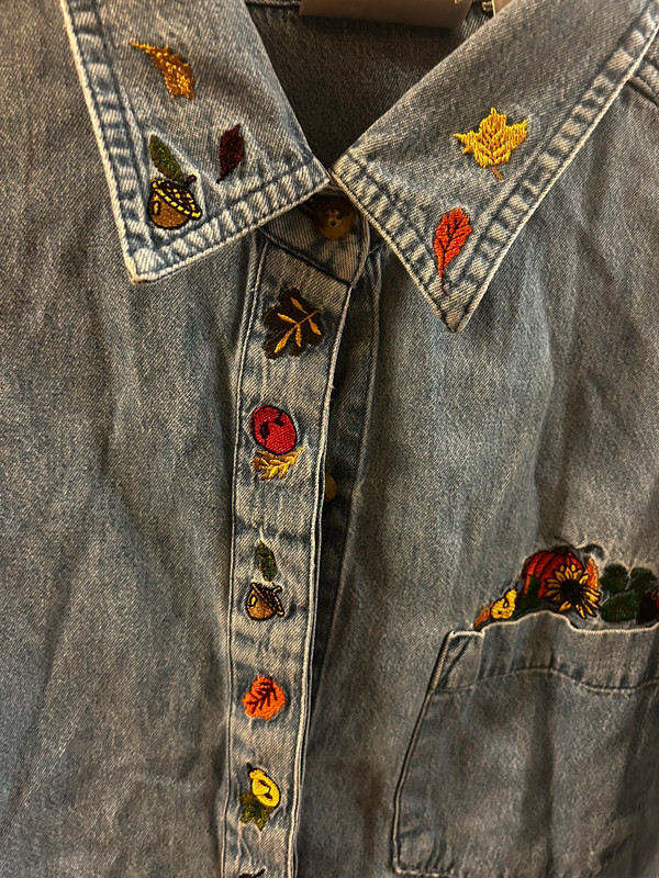 Embroidered autumn chambray denim button up shirt 1