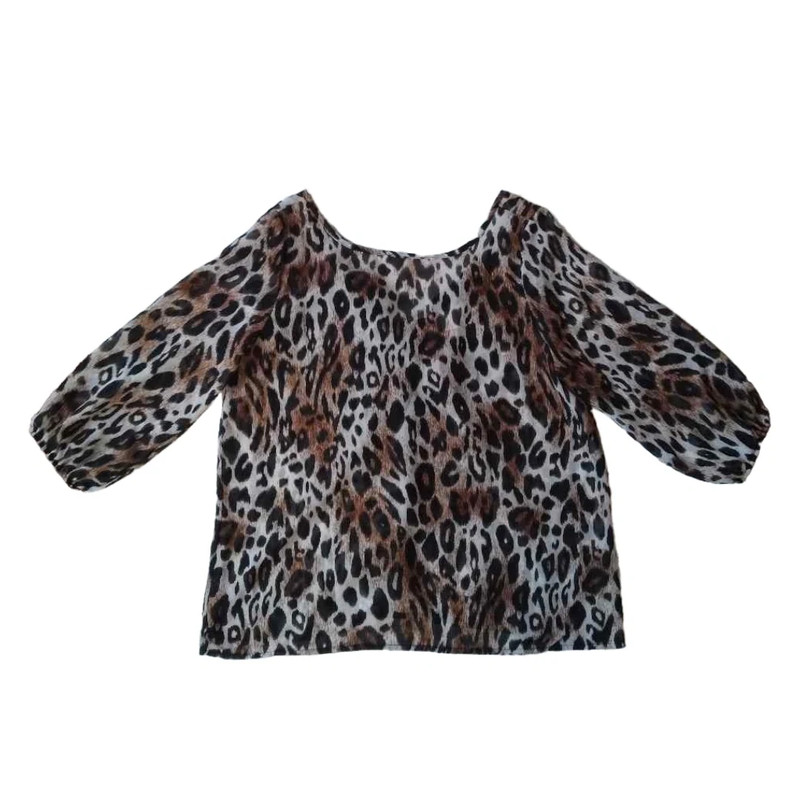 Brenda's Women's Medium Brown & Black Sheer Leopard Pattern 3/4 Sleeve Blouse 1