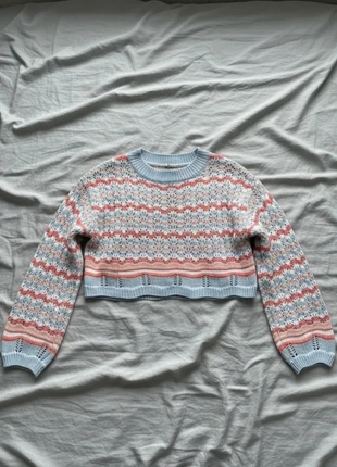 Pull Crop Tricot Bleu Rose Motif Vintage Bohème 90s Automne, marca: marelli, estado: Muito bom, tamanho: M / 38 / 10, €39.99, €42.69 inclui Proteção do Comprador