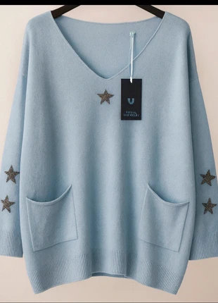 Pull très large TU bleu clair avec étoile, marque: Carla Giannini, état: Neuf avec étiquette, taille: Taille unique, 18,00 €, 19,60 € Protection acheteurs incluse