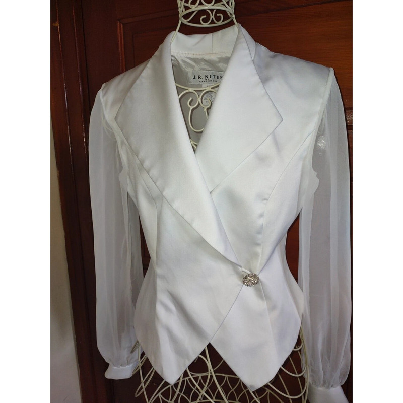 Sz 6 Vintage 90s Caliendo JR Nites White Satin Sheer Sleeve Jacket Tuxedo Blazer 1