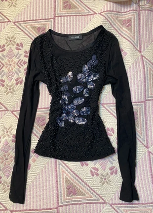 y2k Black Beaded Sequin Top Blouse Shirt Long Sleeve Sheer Mesh Party Festival, marque: y2k, état: Très bon état, taille: S / 36 / 8, 10,00 €, 11,20 € Protection acheteurs incluse