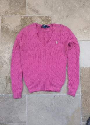 Pull col V torsadé Ralph Lauren - Femme S - Rose logo crème - 100% coton, merk: Ralph Lauren, staat: Goed, maat: S / 36 / 8, € 45,00, € 47,95 inclusief Kopersbescherming Pro