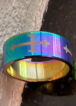 Bague anneau acier inoxydable multicolore motifs mats croix chrétien Dieu Jésus taille T 62,5, condition: New without tags, size: 19.8 mm Ø, €7.00, €8.05 includes Buyer Protection