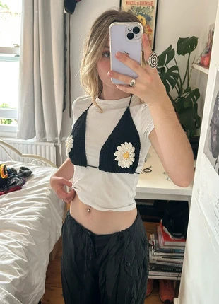Black Crochet Bikini Top with Daisies Boho Flower Top Pinterest Aesthetic Festival Fashion, condition: New without tags, size: S / 8, £8.99, £10.14 includes Buyer Protection