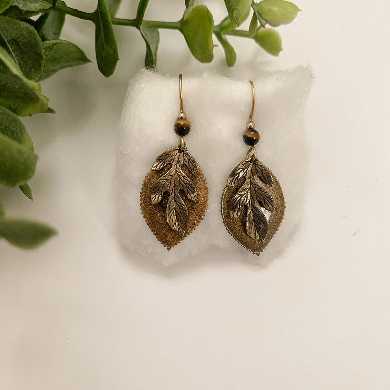 Forrest fairy glitter gold brass feather leaf earrings 1