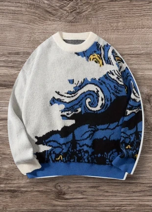 Pull Vintage Blanc Bleu Van Gogh Taille M - Grunge 90s Y2K Knit Streetwear Retro Oversize, merk: y2k, staat: Heel goed, maat: M, € 58,99, € 62,64 inclusief Kopersbescherming Pro
