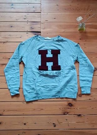 🌼 Sweat gris oversize avec motifs bordeau et noir à l'avant, col rond et manches longues, marque: H&M, état: Bon état, taille: M / 38 / 10, 5,00 €, 5,95 € Protection acheteurs incluse