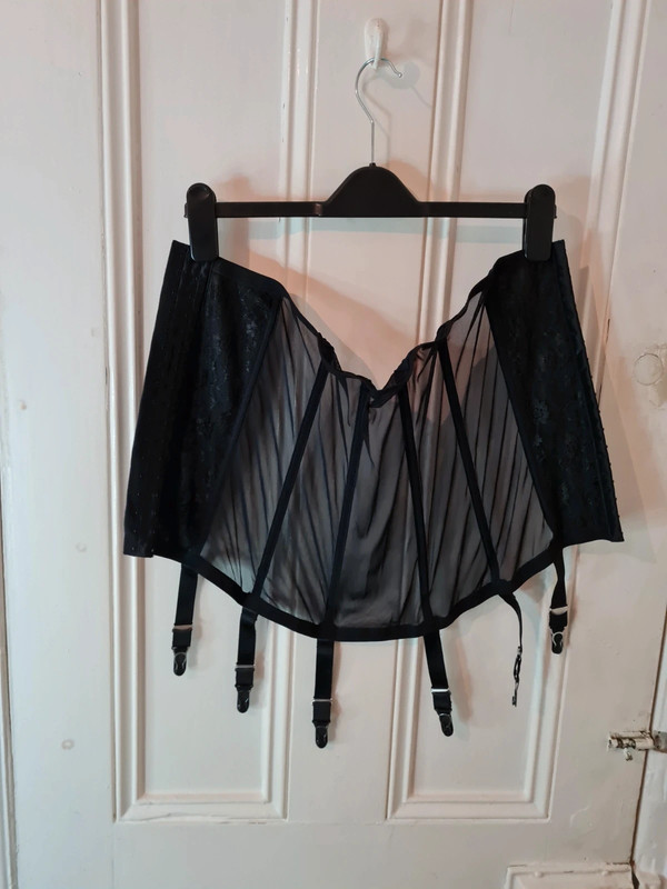 Nylon Dreams M Black Sheer Mesh High Waist Girdle Waspie Suspender Belt Sexy Retro Lingerie 50s