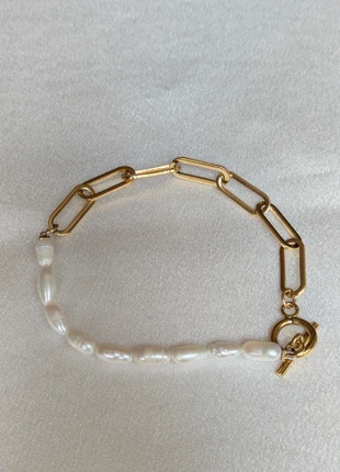 Gold Plates T-Bar Pearl Paperclip Bracelet, Bangles, Jewellery For Her, brand: Wolf & Badger, condition: New without tags, £11.00, £12.25 includes Buyer Protection