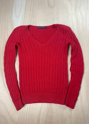 Pull col V torsadé/ondulé/tressé Ralph Lauren rouge manches longues logo brodé bleu taille XS, marque: Ralph Lauren, état: Très bon état, taille: XS / 34 / 6, 40,00 €, 42,70 € Protection acheteurs (Pro) incluse