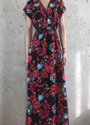 Schwarzes luftiges Wickel Kleid mit Blumenmuster aus Musselin Baumwolle, merk: Idano, staat: Nieuw met prijskaartje, maat: S / 36 / 8, € 112,65, € 118,98 inclusief Kopersbescherming