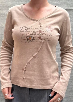 Cream tan long sleeve top with cute flower print and safety pin details Cache cache Size small, brand: Cache Cache, condition: Very good, size: S / UK 8-10, £32.00, £34.30 includes Buyer Protection