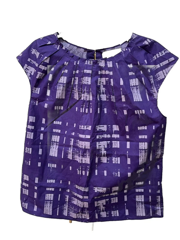 Michael Kors Purple Mod Abstract Cap Short Sleeve Top Women's Sz 12 Ruched Neck 1