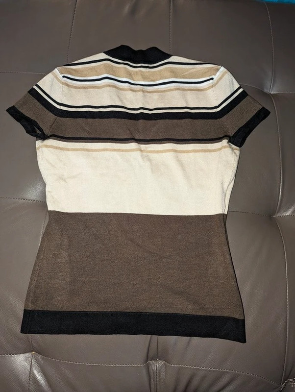 New York & Company NY&Co Short Sleeve Neutral Striped Faux Wrap Knit Sweater Top 2