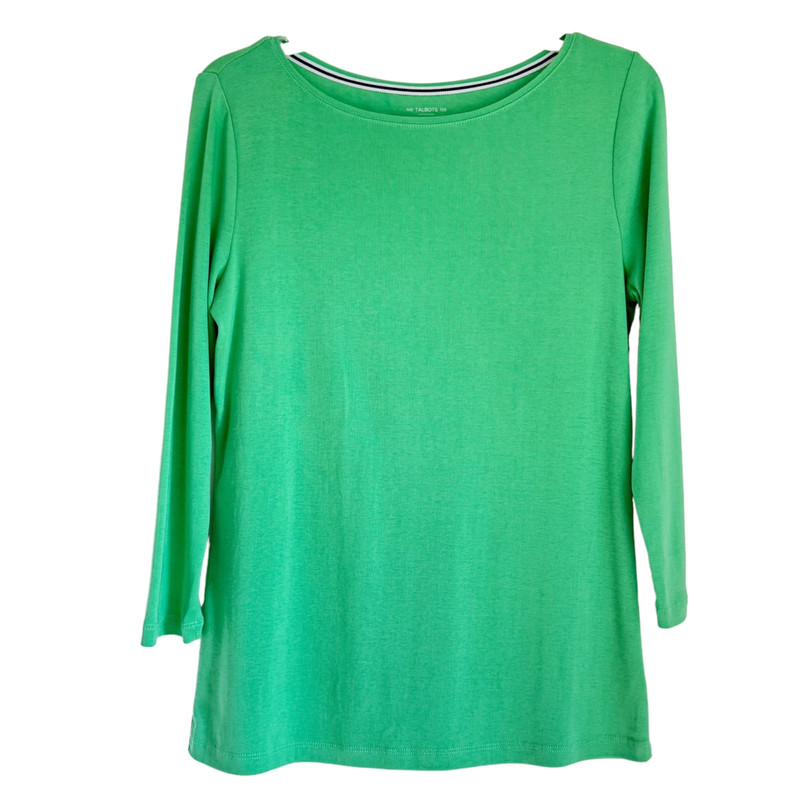 Talbots Solid Pima Bateau Neck Tee Cotton Small Women’s Green Soft Casual Basic Long Sleeve Top 1