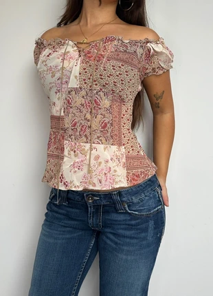 New Look off the shoulder beige pink flower paisley mesh top y2k 90s 70s vintage, brand: New Look, condition: Very good, size: S / UK 8-10, £16.00, £17.50 includes Buyer Protection Pro