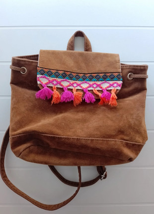 Handmade Boho Vintage Backpack – Brown with Pink & Coral Fringes – New, marque: Hecho a Mano, état: Très bon état, 19,95 €, 21,65 € Protection acheteurs incluse