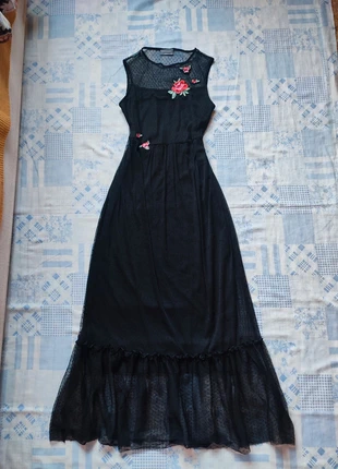 Abito nero lungo in pizzo a pois vestito estivo con fiori ricamati/Long dress S/M 36/38, marca: Yessica, estado: Muito bom, tamanho: M / 38 / 10, €9.00, €10.15 inclui Proteção do Comprador