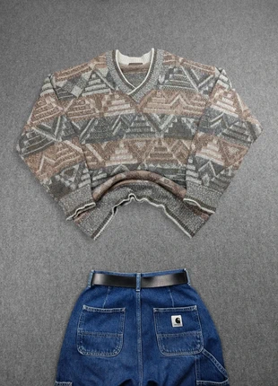 Pull Ethnic Col V Vintage 80s en Maille Marron Gris Motifs Imprimé Mosaïque 55% Laine / Mohair (XL), marque: Vintage Dressing, état: Très bon état, taille: XL, 36,00 €, 38,50 € Protection acheteurs (Pro) incluse