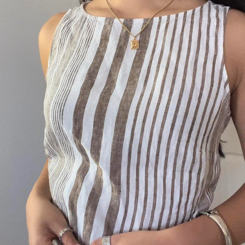 J Jill Taupe Tan and White Striped Linen Sleeveless Tunic Top 5