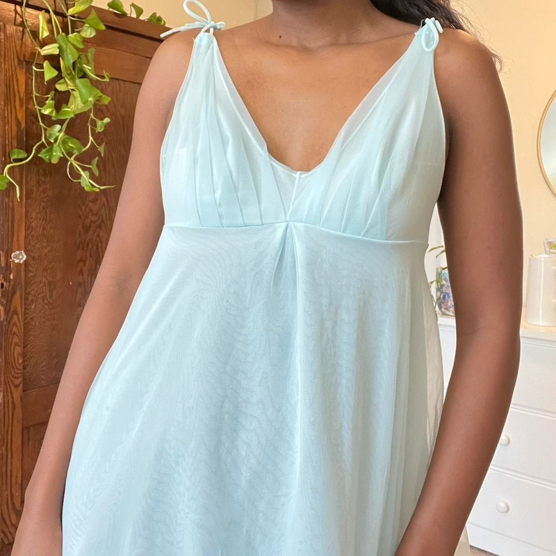 Vintage 70s lingerie chiffon baby blue babydoll slip dress 4